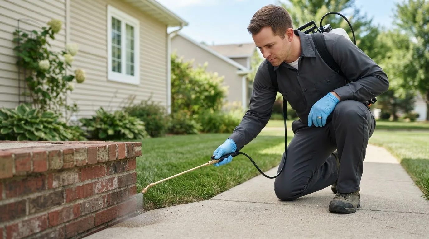 Pest control technician treating a home near Princeton, IA