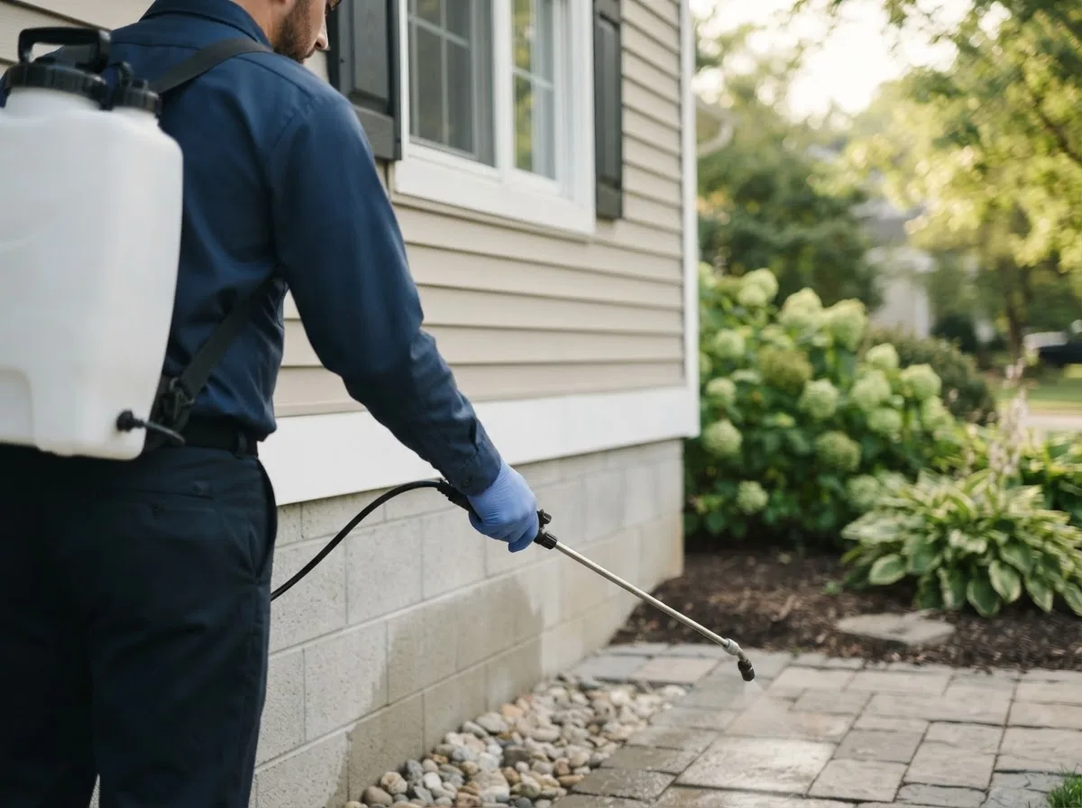 Pest control technician inspecting a home in Princeton, IA